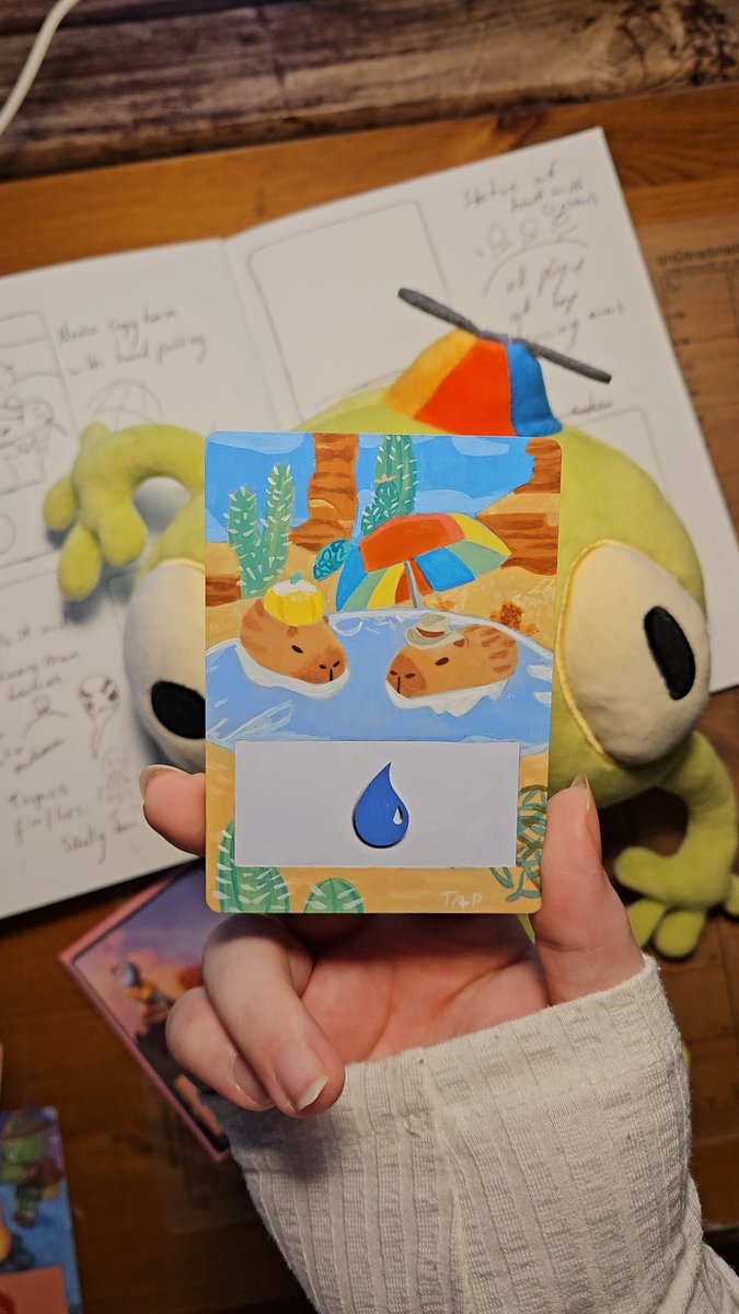 Tiny_paintings's tweet photo. Looks like our scouts found some shelter with our friends the cappybara away from  the Mesa sun 🌞⛱️

___
#peak #cappybara #mtgalter #handpaintedcards https://t.co/e0d9HycFMS