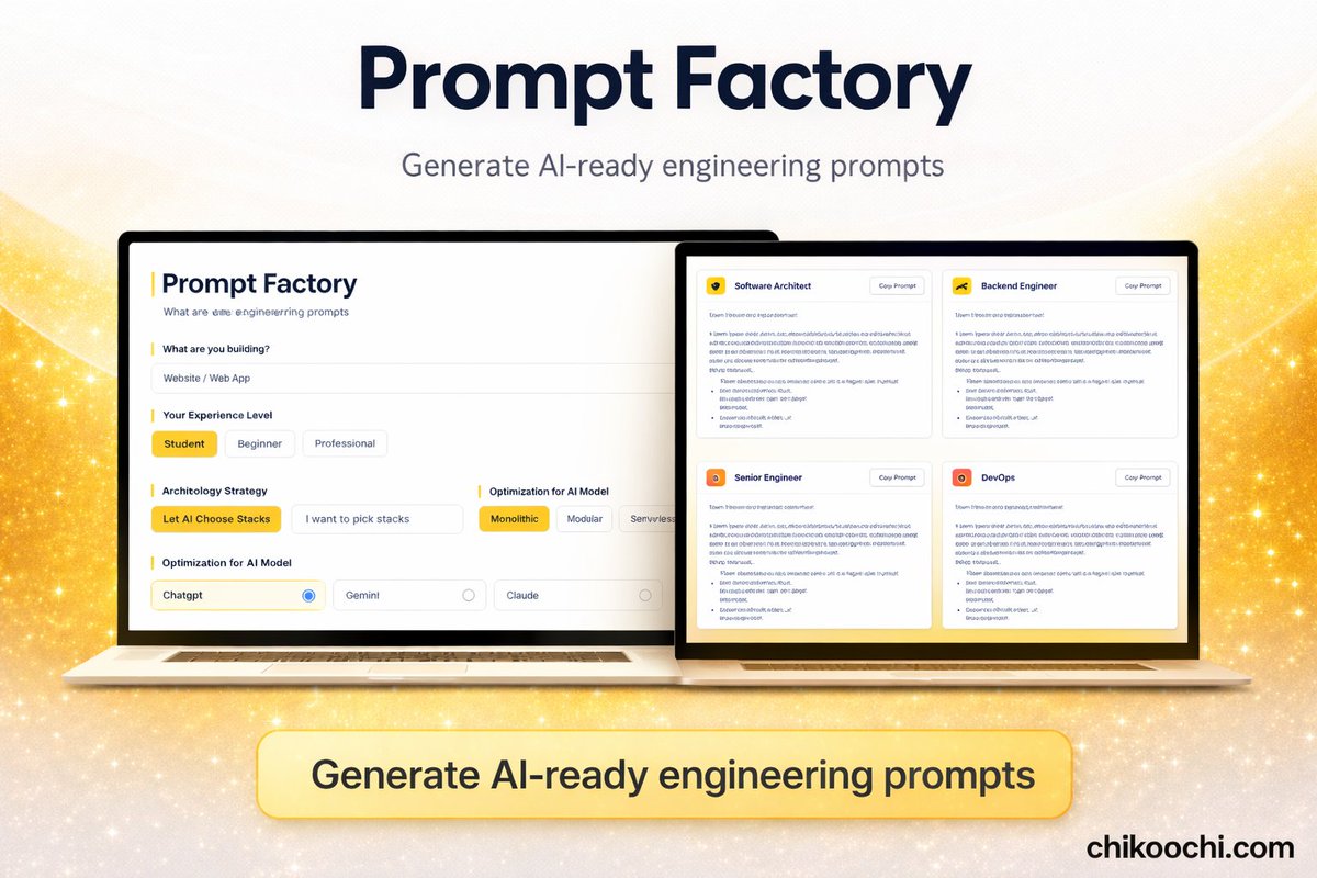 chikooochi's tweet photo. AI is powerful.
Bad prompts make it useless.

We built Prompt Factory to generate engineering-grade prompts based on:
• Project type
• Experience level
• Architecture
• AI model

🔗https://t.co/np1slkGBF9

#chikoochi #btvois #ai #promptfactory #new #launch #saas #freetools https://t.co/UqgEbx32ZK
