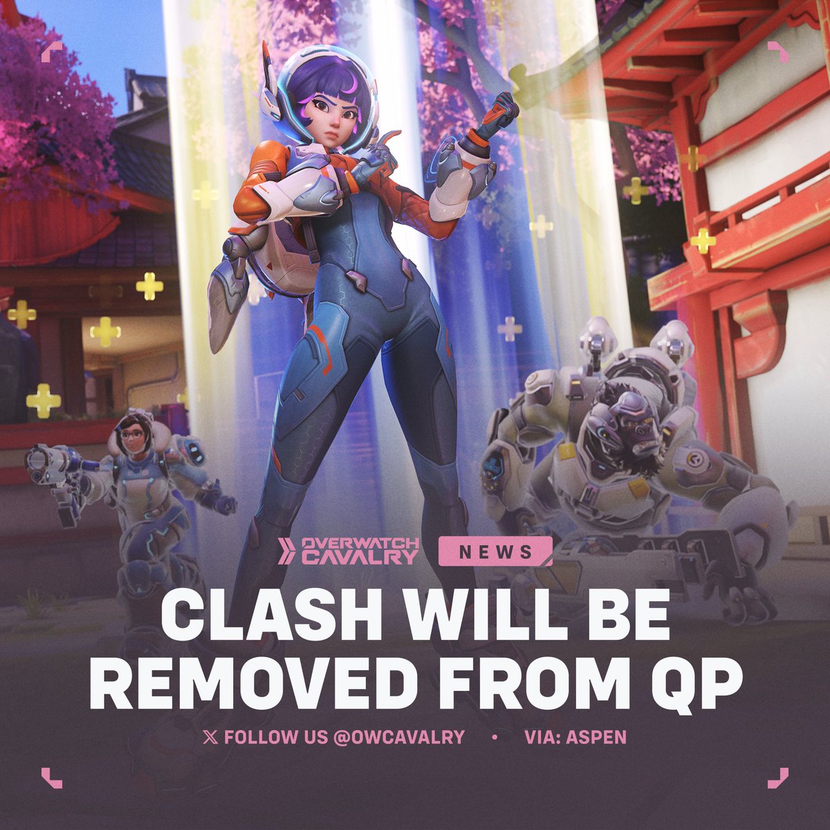 OWCavalry's tweet image. Clash will be removed from Quick Play in #Overwatch 🌸

With the launch of Season 1, Clash maps such as Hanaoka and Throne of Anubis will be removed from the map pool, only remaining playable in Custom Games.