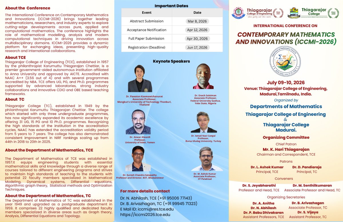 tceofficialpage's tweet photo. 📐 ICCMI–2026 | July 9–10, 2026 | TCE, Madurai
International meet on pure, applied &amp; computational mathematics with AI, ML &amp; modeling. Global speakers &amp; Scopus/WoS publication opportunities.
#ICCMI2026 #MathConference #AIandMath #TCE #Madurai https://t.co/DhWW7tj0f5