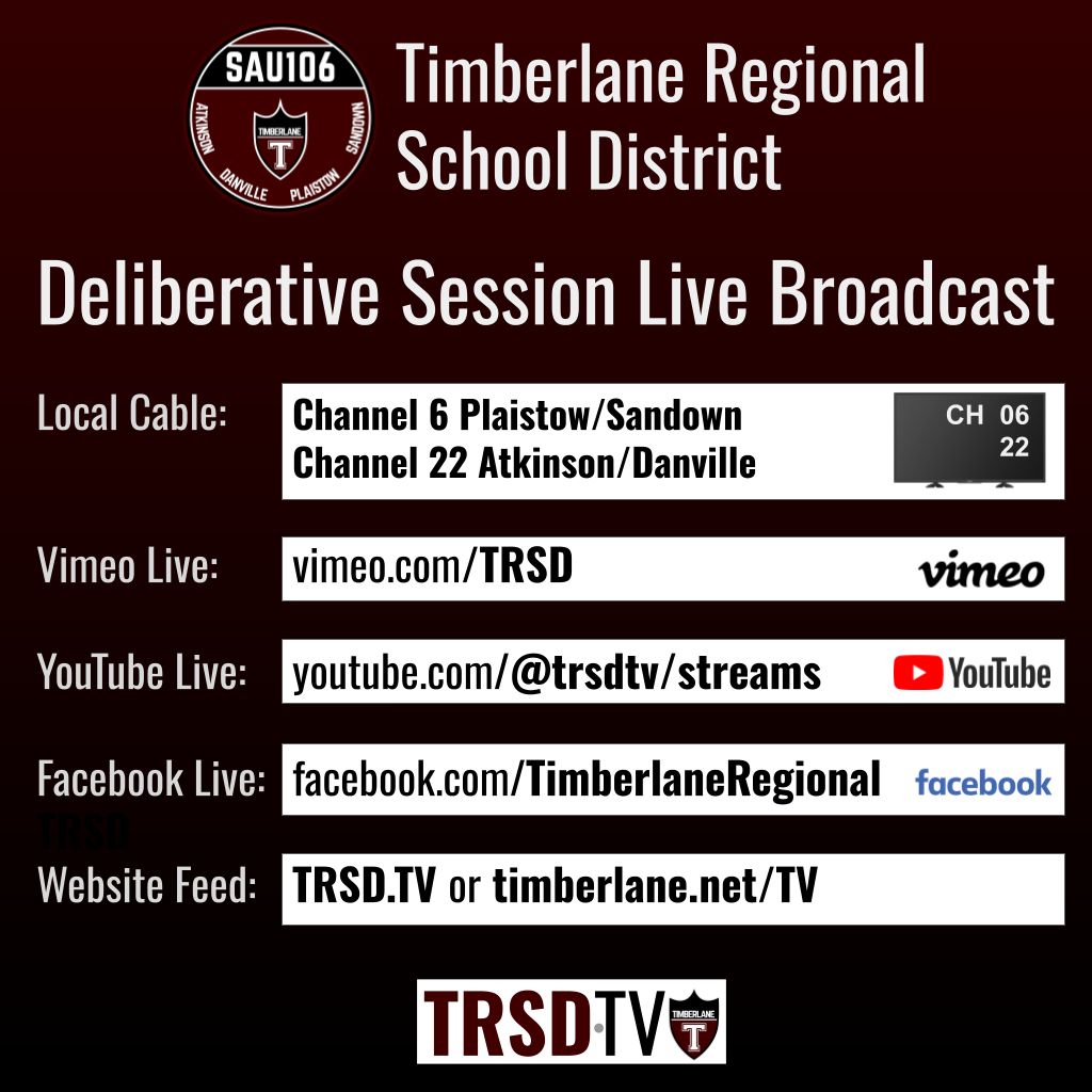 TRSD Deliberative Session will begin at 7:00pm tonight (Thursday 2/5), and can be viewed live on the following channels and feeds:

Local Cable:
Channel 6 Plaistow/Sandown
Channel 22 Atkinson/Danville

vimeo.com/TRSD
buff.ly/M47yep0 
TRSD.TV