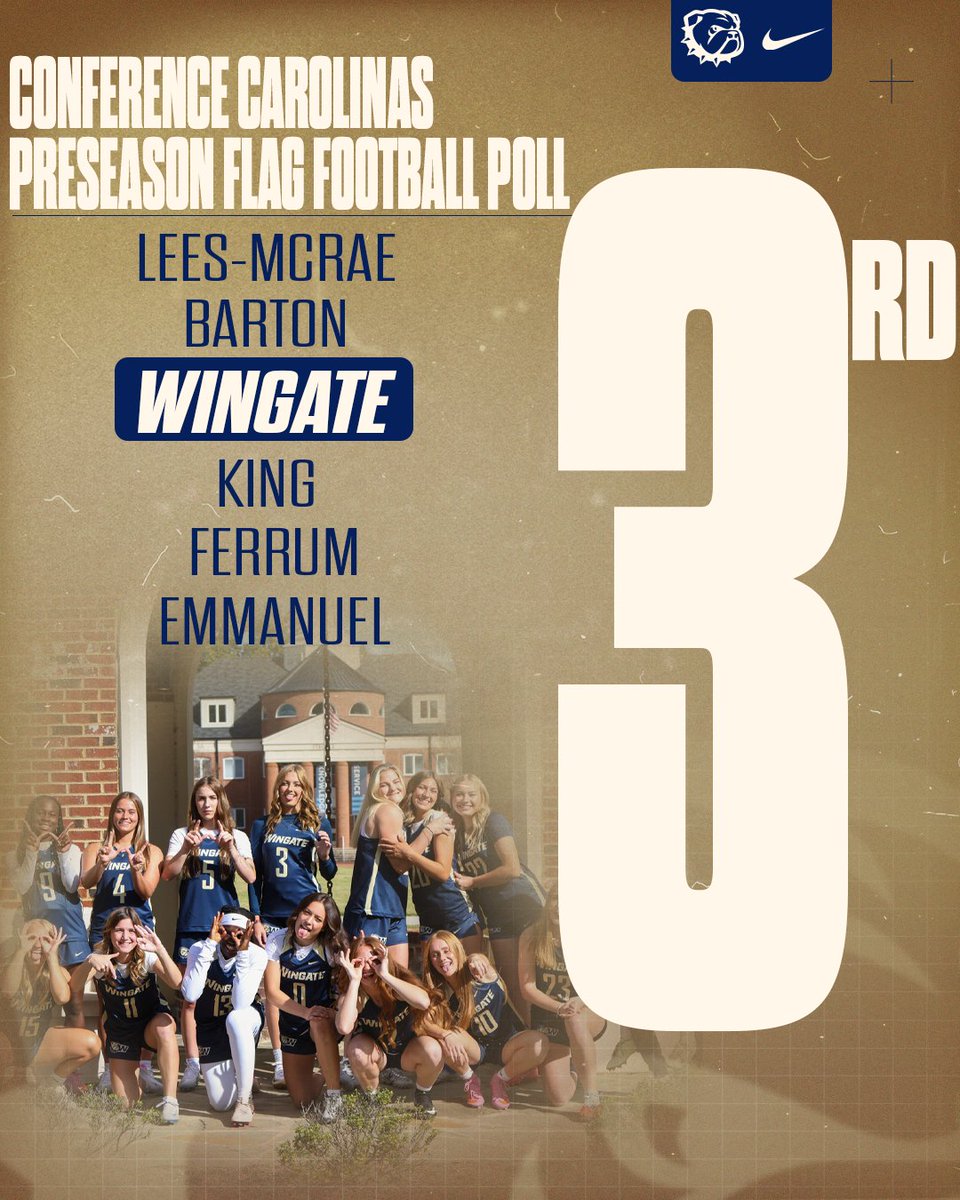 WU_Bulldogs's tweet photo. Preseason poll is out!

@wingate_flagfb has been picked 3rd in the preseason Conference Carolinas Flag Football poll!

3 Bulldogs have earned Player to Watch accolades

Story | https://t.co/AZX5q39s3w

#OneDog https://t.co/kBjnpixBox