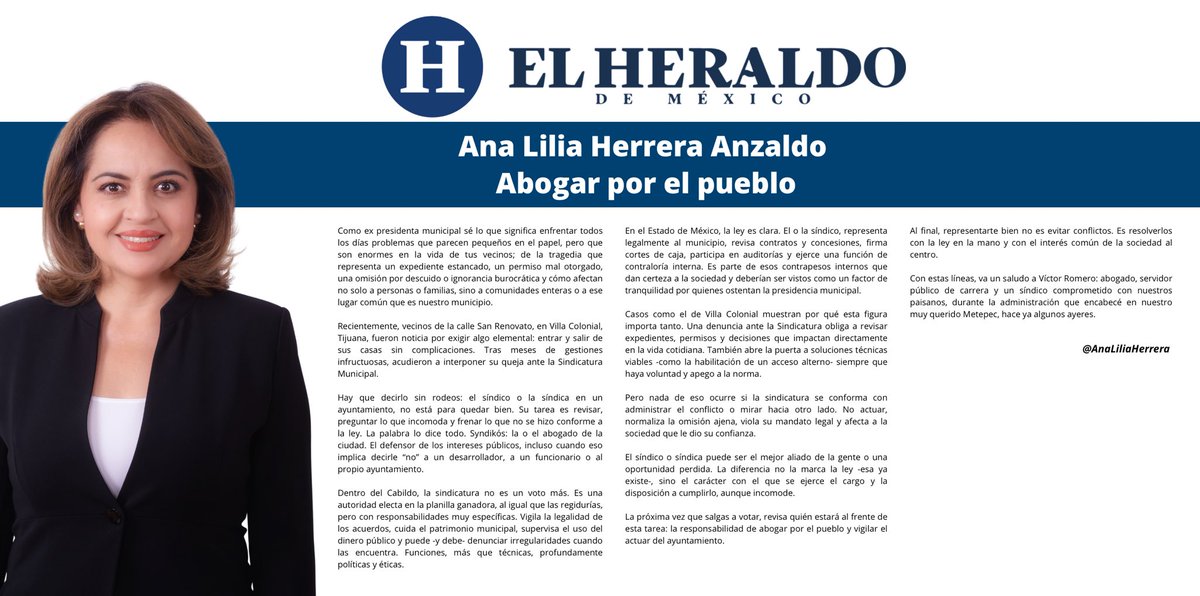 Hay que decirlo sin rodeos: el síndico o la síndica en un ayuntamiento, no está para quedar bien. Su tarea es revisar, preguntar lo que incomoda y frenar lo que no se hizo conforme a la ley.

Abogar por el pueblo en <a href="/heraldodemexico/">El Heraldo de México</a>:
heraldodemexico.com.mx/opinion/2026/2…