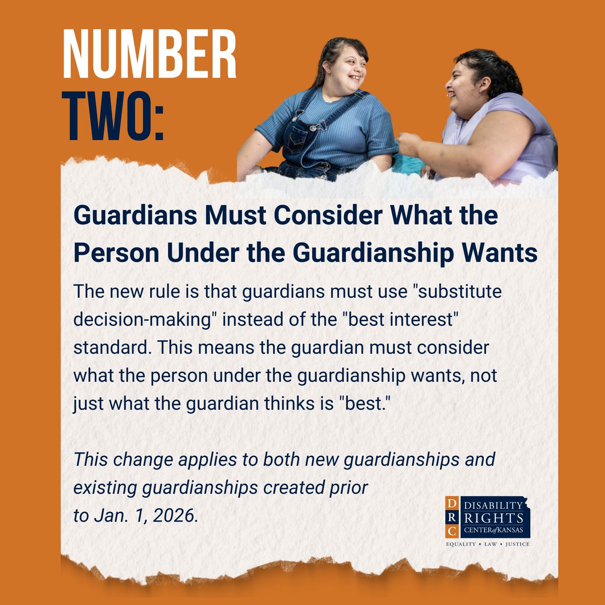 DRCKansas's tweet photo. Kansas made positive changes to its guardianship law that give people with disabilities more rights, more control, and more choices!

Learn more about the new Kansas Guardianship Law below, or on our website: https://t.co/Pgv8K0N3wq

Post 1/2 https://t.co/PvbDISgWQc