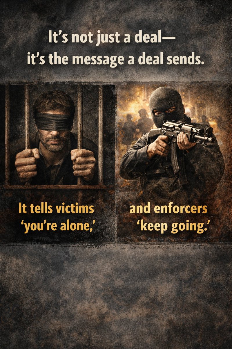 مشکل فقط یک توافق نیست؛ پیامی‌ست که توافق می‌فرسته.
به قربانی‌ها می‌گه “تنهایید”، به سرکوبگرها می‌گه “ادامه بدید”.

It’s not just a deal, it’s the message a deal sends.
It tells victims “you’re alone,” and enforcers “keep going.”

#IranMassacre #IranRevolution2026