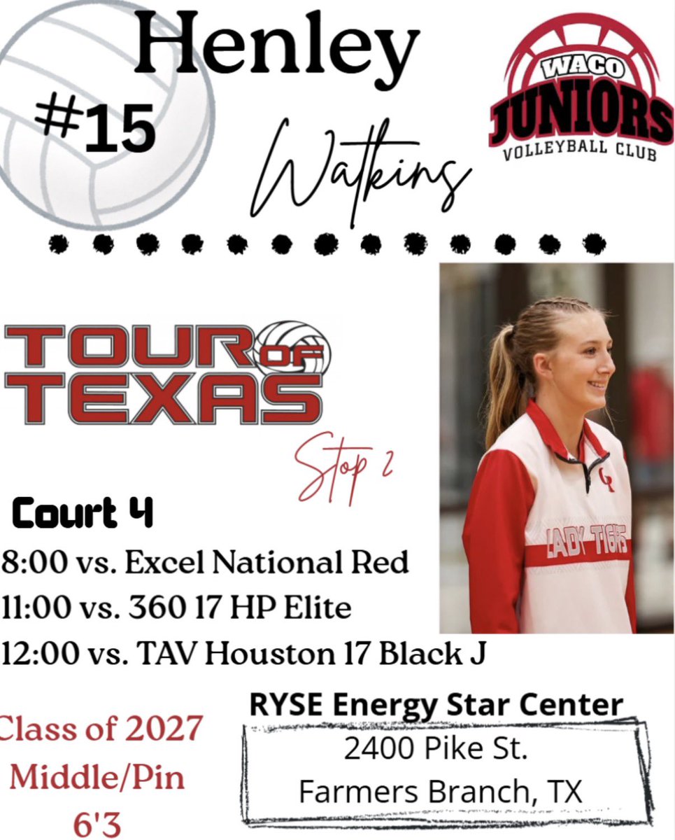 HenleyWatk83676's tweet image. Ready for Tour of Texas, Stop 2! Let’s go, Waco VBC 17 Black! #Uncommitted2027 #Middle #Pin @glenrosevball @GMsportsmedia1 @Coach_CWatkins @footballgirl15 @TourofTexasVB