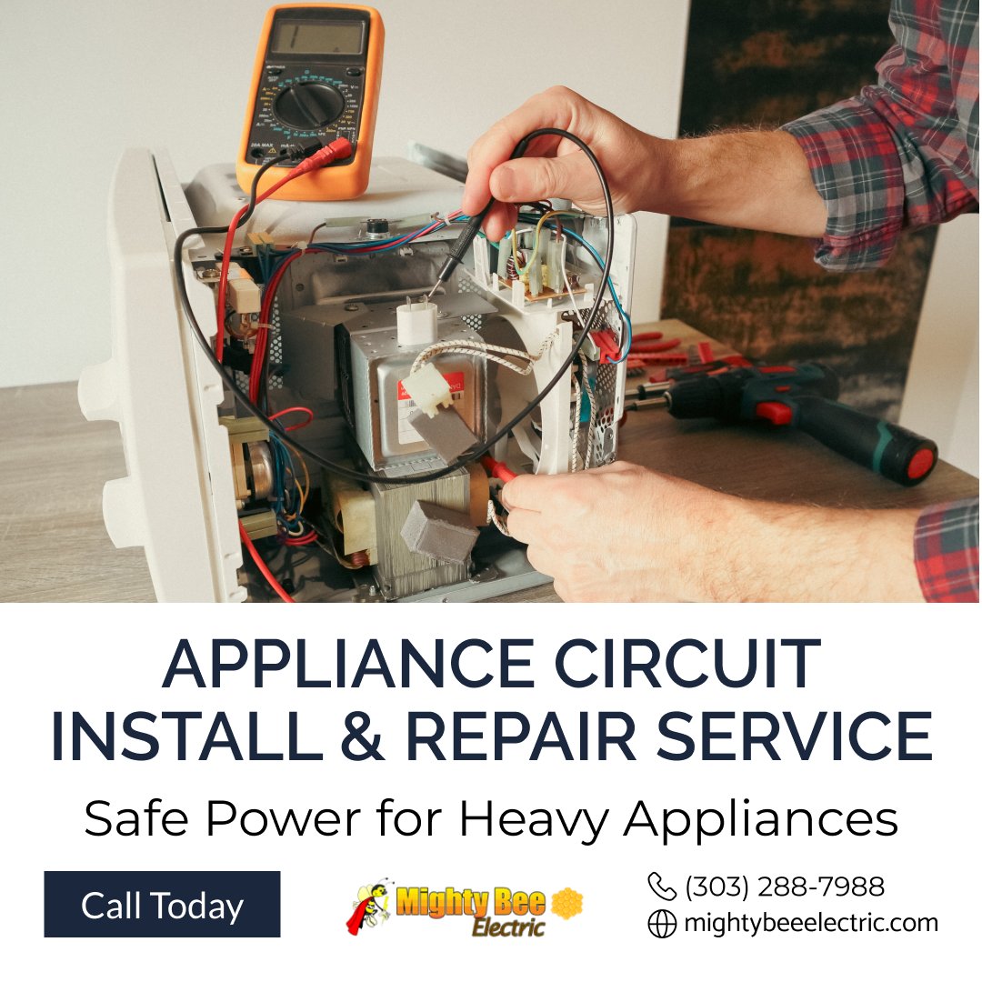 mtybee's tweet photo. 🔌 Appliances causing breaker trips or power issues?
We install and repair dedicated appliance circuits for safe operation.

Schedule service today.
📞 (303) 288-7988 | 🌐 https://t.co/2uOL2JXdbR

#ApplianceCircuit #Electrician https://t.co/TnxBm4UFCu