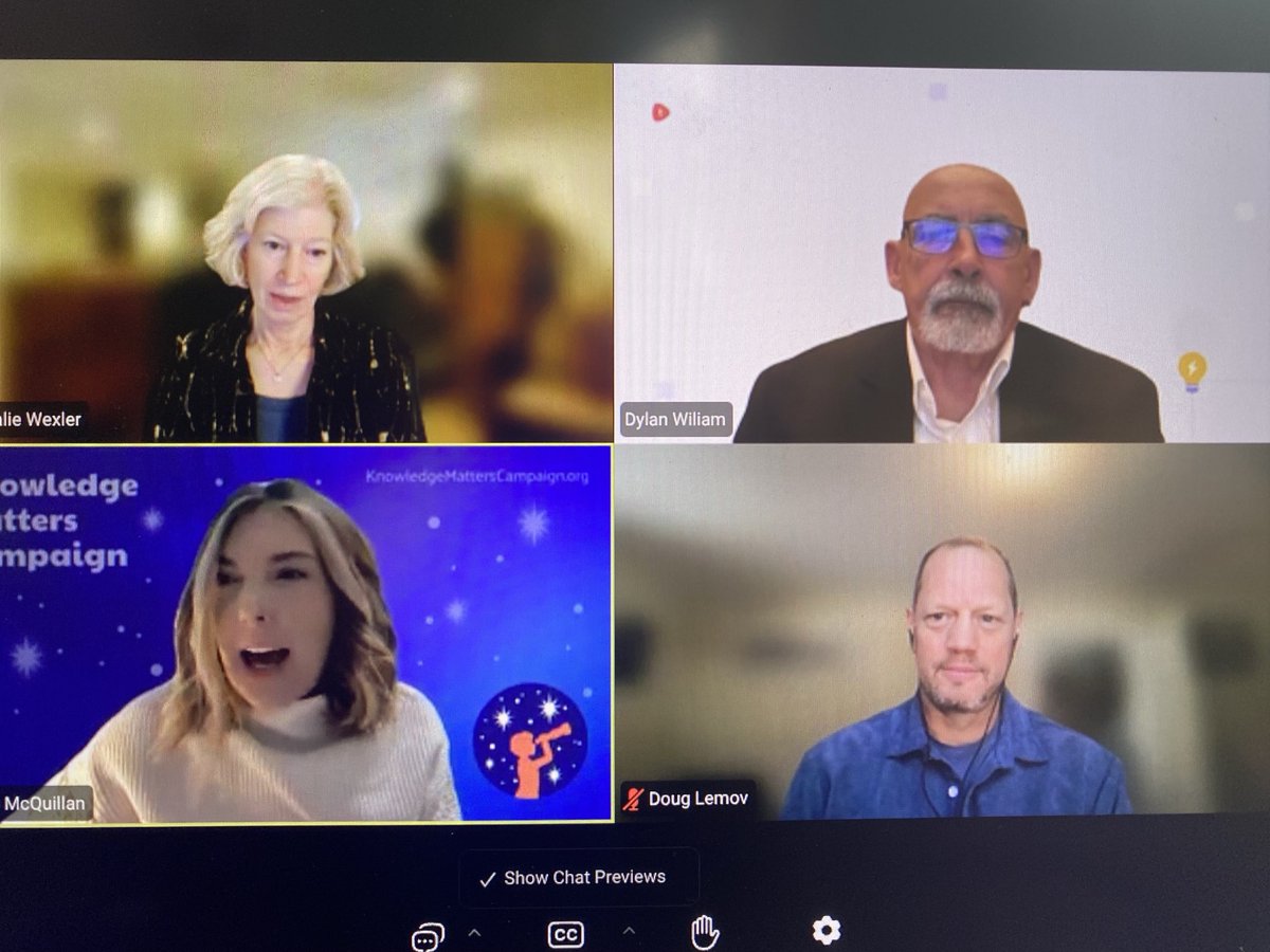 Delighted to be one of almost 800 folks on this webinar! Thank you for moderating ⁦⁦<a href="/mcglynn3/">Kristen McQuillan</a>⁩. ⁦In the presence of my edu-heroes! Great job ⁦<a href="/KnowledgeMatrs/">Knowledge Matters Campaign</a>⁩ #NatalieWexler #DylanWillam #DougLemov