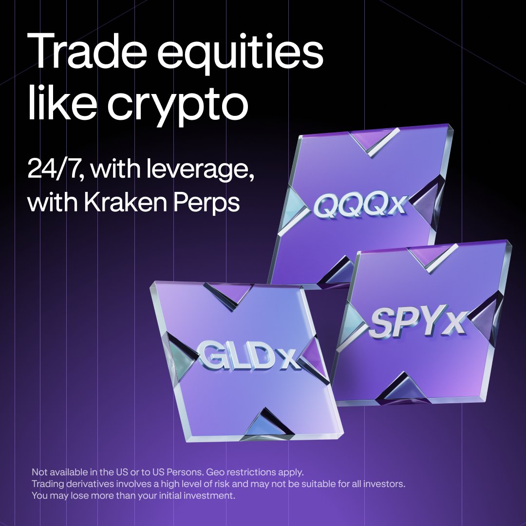 krakenfx's tweet photo. What if you could trade equities like crypto?

@xStocksFi perps are live on Kraken.

24/7 perpetual futures on $SPYx, $QQQx &amp; $GLDx.

No market hours. Just markets ⤵️