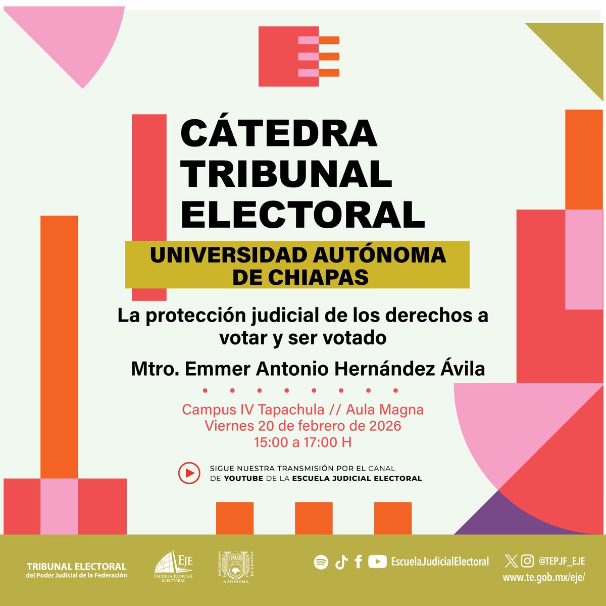 🗳️ ¿Quién protege tu derecho a votar y ser votado?

La #CátedraTEPJF llega a la <a href="/comunica_unach/">UNACH</a>, Campus IV Tapachula, para reflexionar sobre el papel de la justicia electoral en la defensa de los derechos políticos.

🎙️Mtro. <a href="/AntonioEmmmer/">Emmer Antonio Ávila</a> 
🗓️Vie. 20 feb 2025 | ⏰ 15 h
