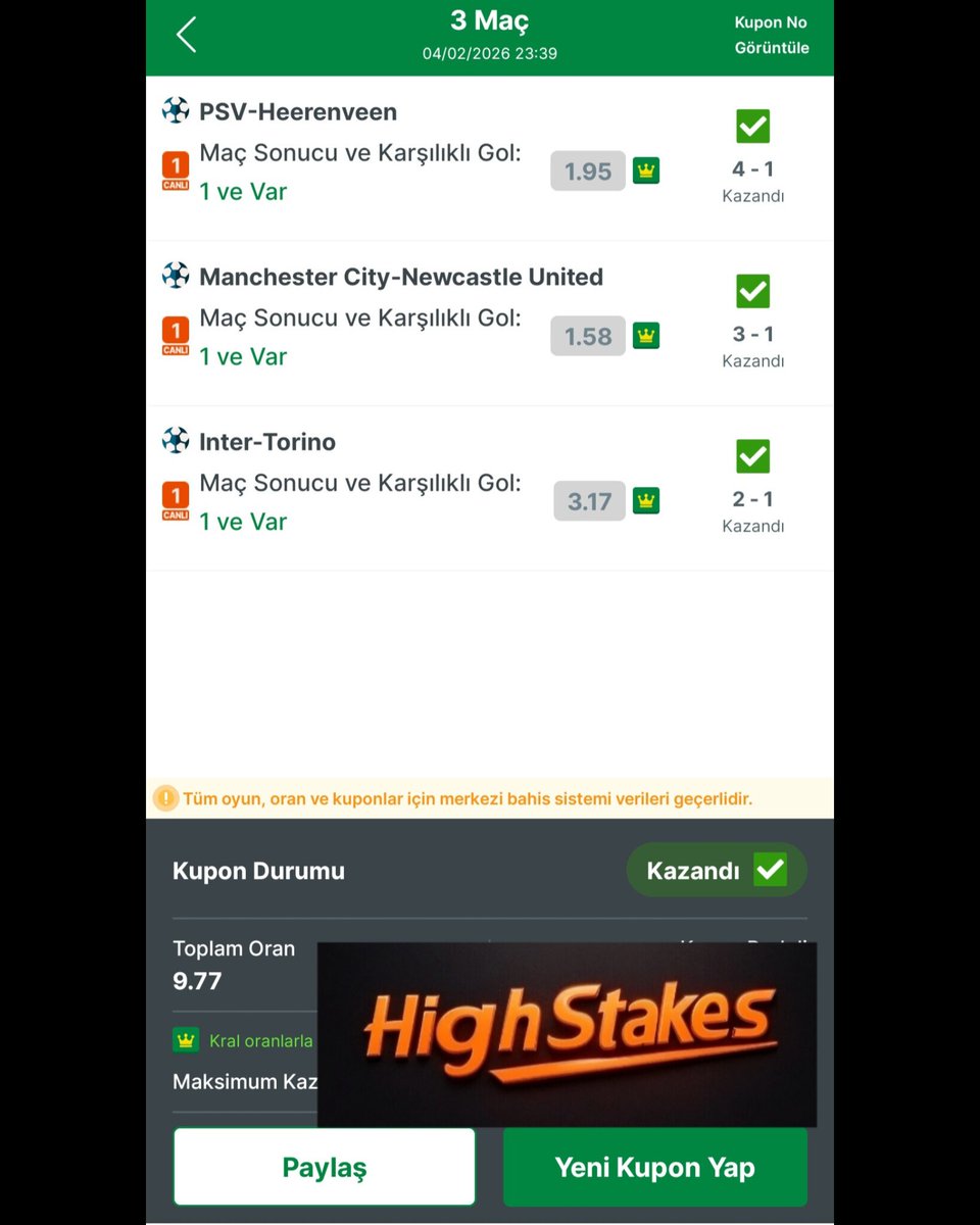 xhighstakes's tweet photo. ✅Win canlı kombine Şubat-7
✅9,77 oran

"btts vazgeçilmez " 
#Highstakesinplay
#ManCity 
#InterTorino 
#Psv 
#btts 
#betresponsibly https://t.co/43j69zNAzf