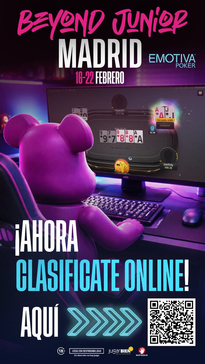 Beyond_Poker's tweet photo. 📢¡ATENCIÓN! noticia imperdible. Ahora podrás clasificarte online a los torneos de #Beyond y nuestra primera fecha es hoy a la medianoche en nuestro #Freeroll a la primera #BeyondJunior en #Madrid  código: EMOTIVAXBEYOND @EmotivaSalones ¡Participa y gana! Más info a través del QR https://t.co/CtC8mDuR1r