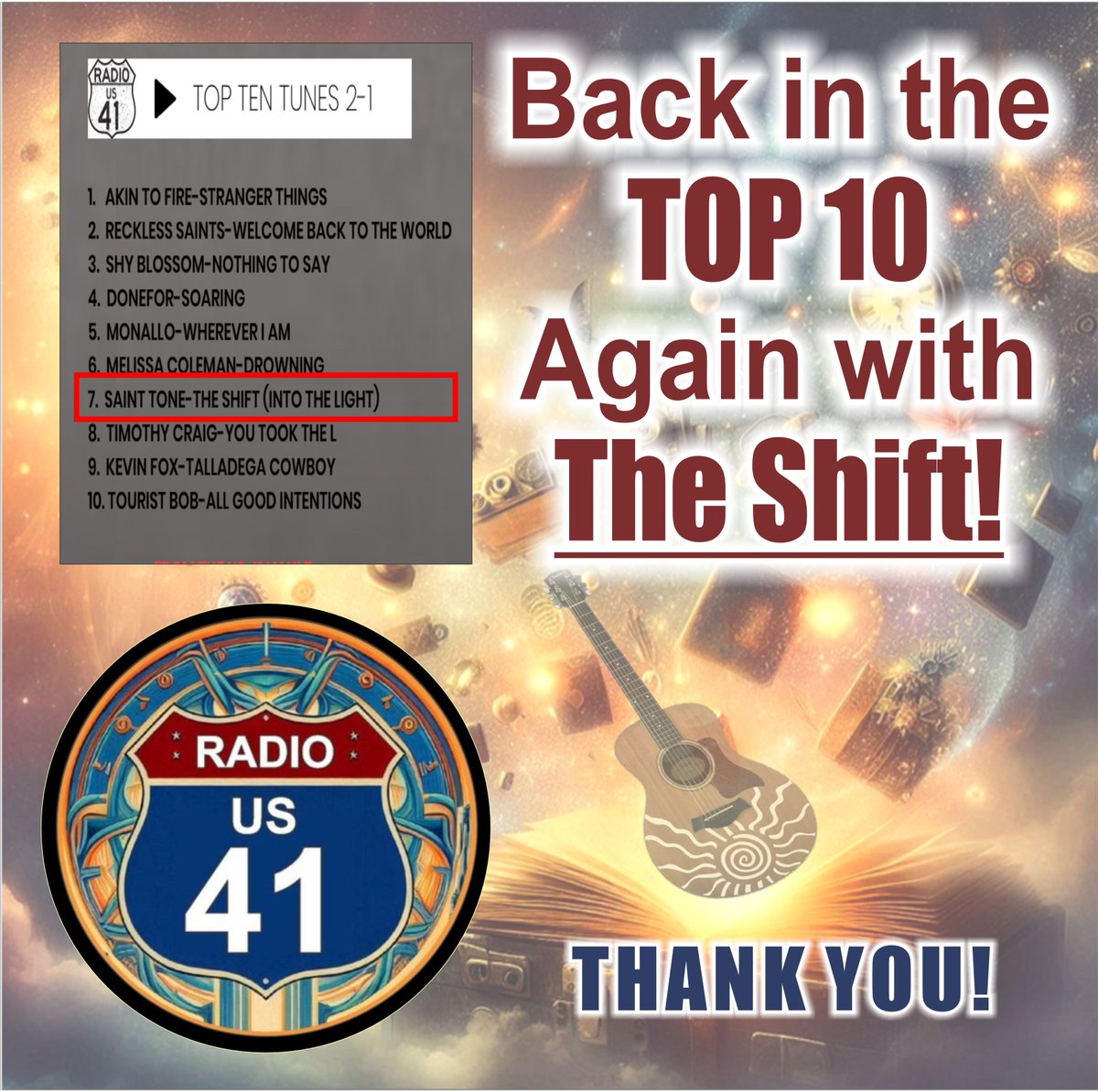 SaintTone's tweet photo. Huge thanks to US41 Radio for all their support and everyone who’s been listening, sharing, and supporting my latest single. I'm truly grateful for the love and the spins!! Let’s keep the shift going 
#Top10 #TheShift #SaintTone #Grateful #NewMusic https://t.co/8D8C5ee4nD