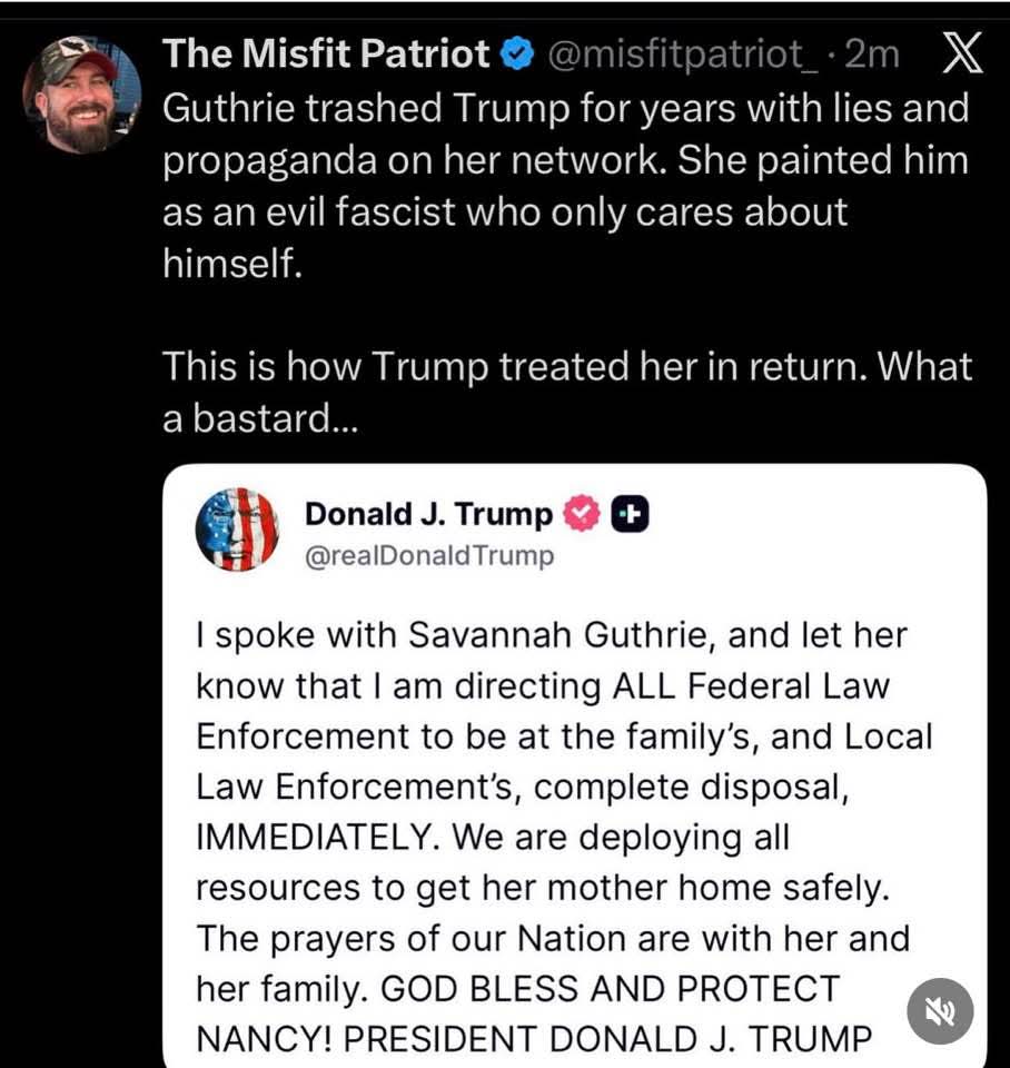 He has a point. Savanna Guthrie treated him like 💩. 

Then Trump turns around and sends help. 

I hope her mom is found safe and sound. 

But some people dont deserve Trump's kindness.