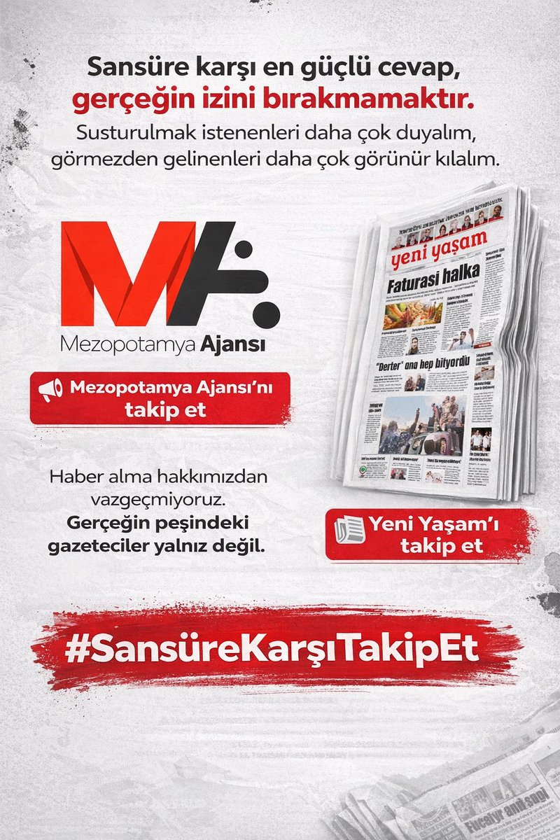 📌Sansüre Karşı Dayanışma

👉Mezopotamya Ajansı

Türkçe: <a href="/Mezopotamyatrk1/">Mezopotamya Ajansı</a> 

Kürtçe: <a href="/Mezopotamyakrd1/">Ajansa Mezopotamya</a>

👉Yeni Yaşam Gazetesi

 <a href="/yeniyasamnews2/">Yeni Yaşam Gazete</a>