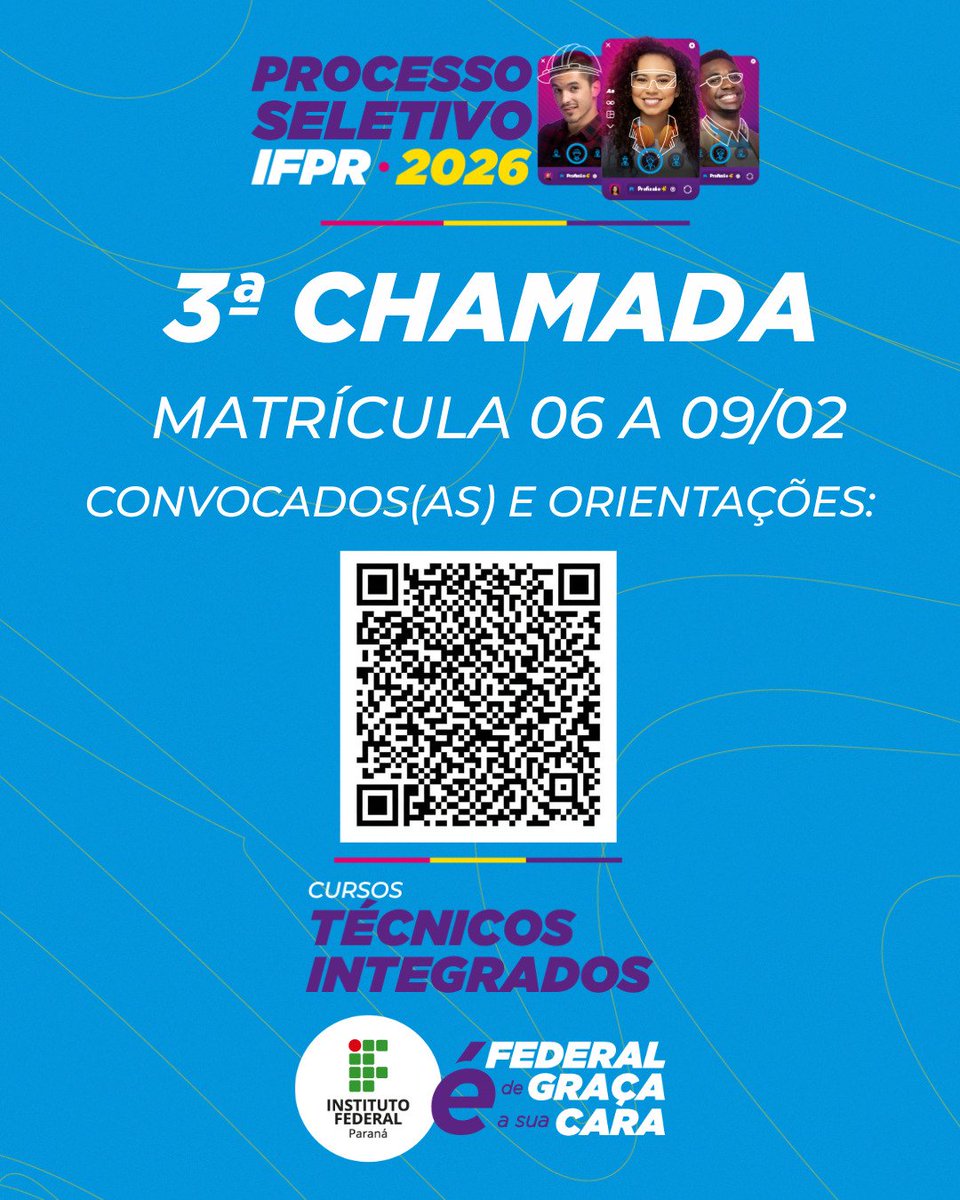 JacarezinhoIFPR's tweet photo. 🔴 ATENÇÃO!
Saiu a 3ª chamada dos cursos INTEGRADOS 🎓
📄 A lista de convocados: 🔗 https://t.co/nnHgFfC0UC
📅 Período: de 06 a 09 de fevereiro
👉 Acesse somente pelo link do Edital
❓ Dúvidas?
📧comunicacao.jacarezinho@ifpr.edu.br
IFPR É federal!
É de graça!
É a sua cara! https://t.co/QKIEcqVYOi