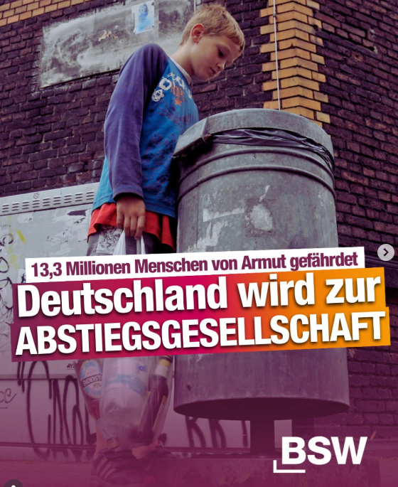 📉 13,3 Mio. armutsgefährdete Menschen in #Deutschland ...

Das sind Familien, Kinder und Rentner, die jeden Euro umdrehen müssen. 🇩🇪

In einem reichen Land darf das nicht normal sein.

Das #BSW rückt soziale Gerechtigkeit wieder in den Mittelpunkt!

#Armut #SozialeGerechtigkeit