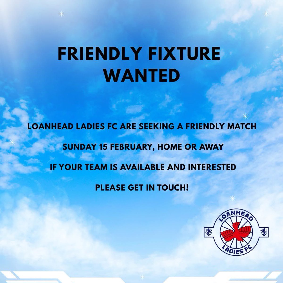 Friendly Wanted 

Loanhead Ladies are looking for a friendly on Sunday 15th February.

Please get in touch if you’re interested 

RT

⚽