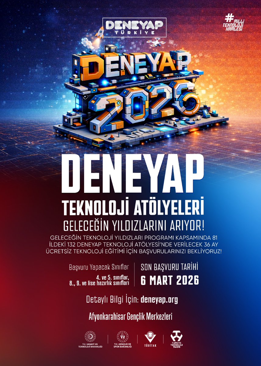 📣 #DENEYAP Teknoloji Atölyeleri ✨

📍 36 Ay Ücretsiz Teknoloji Eğitimi

📍Başvurunu yap, "Teknoloji Geliştiren Bir Türkiye Hedefinde" Geleceğin Teknoloji Yıldızı Sen Ol 🌟
👉🏻Detaylı bilgi ve Başvuru için: deneyap.org
<a href="/OA_BAK/">Dr. Osman Aşkın Bak</a>
<a href="/gencliksporbak/">Gençlik ve Spor Bakanlığı 🇹🇷</a>