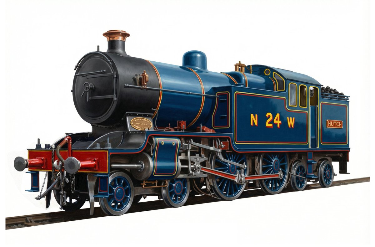 RhysBDavies's tweet photo. My latest AI-assisted NWR Mockups - 'Hutch' and 'Hilde' - what if the NWR aquired some surpluys Metropolitan Railway H-class 4-4-4Ts off the LNER in the 1930/40s? Made using Techsoft V3, Deep AI and MS Paint. #nwr #sodor #railwayseries #rws #ttte #awdry #metropolitan https://t.co/29rCBfRUVQ