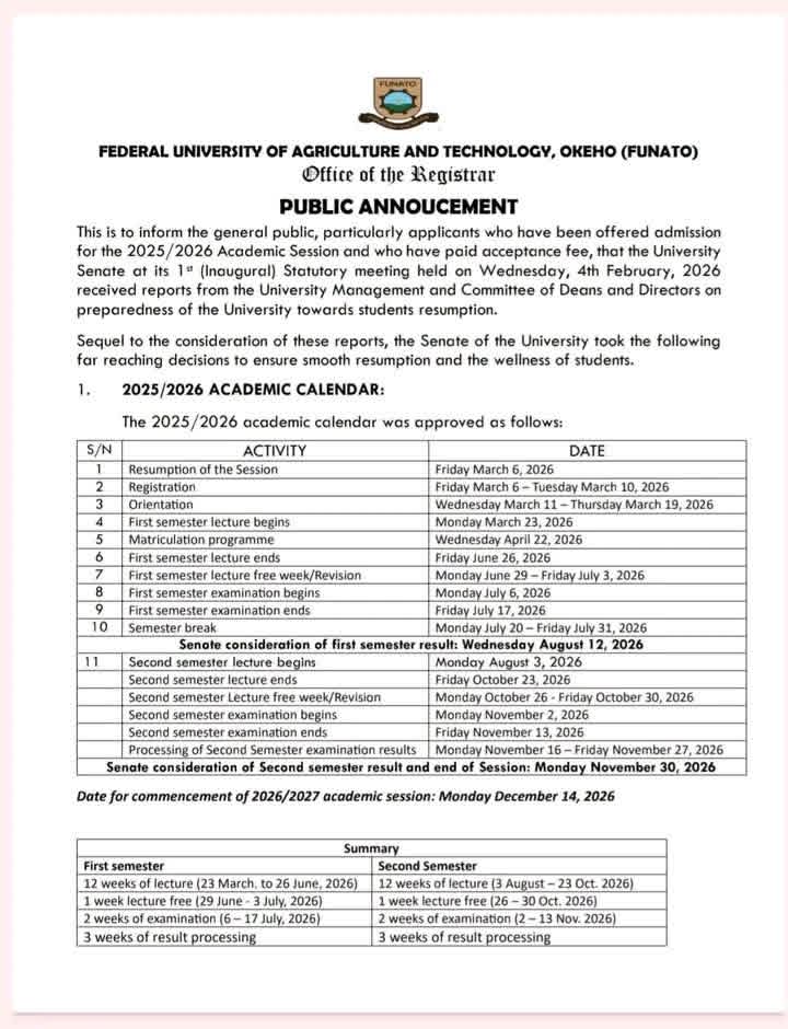 hadesirey's tweet photo. FUNATO Senate approve 2025/2026 Academic Calendar of the Federal University of Agriculture and Technology, Okeho (FUNATO). 
Prospective students are advised to take note of the resumption date and other important details.
#Funato #University #Okeho #Iseyin https://t.co/9Qhsn1wOx3