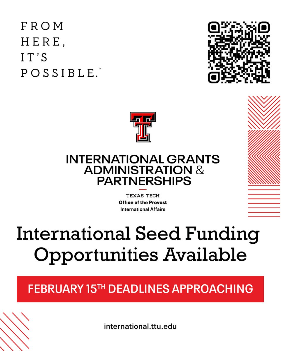 The 2/15 app deadline for Global Exchange Research Grants, Fulbright Development Grants, &amp; Study Abroad Program Development Funding is approaching.

Visit IGAP at international.ttu.edu, or view the International Seed Funding opportunities directly: depts.ttu.edu/international/…