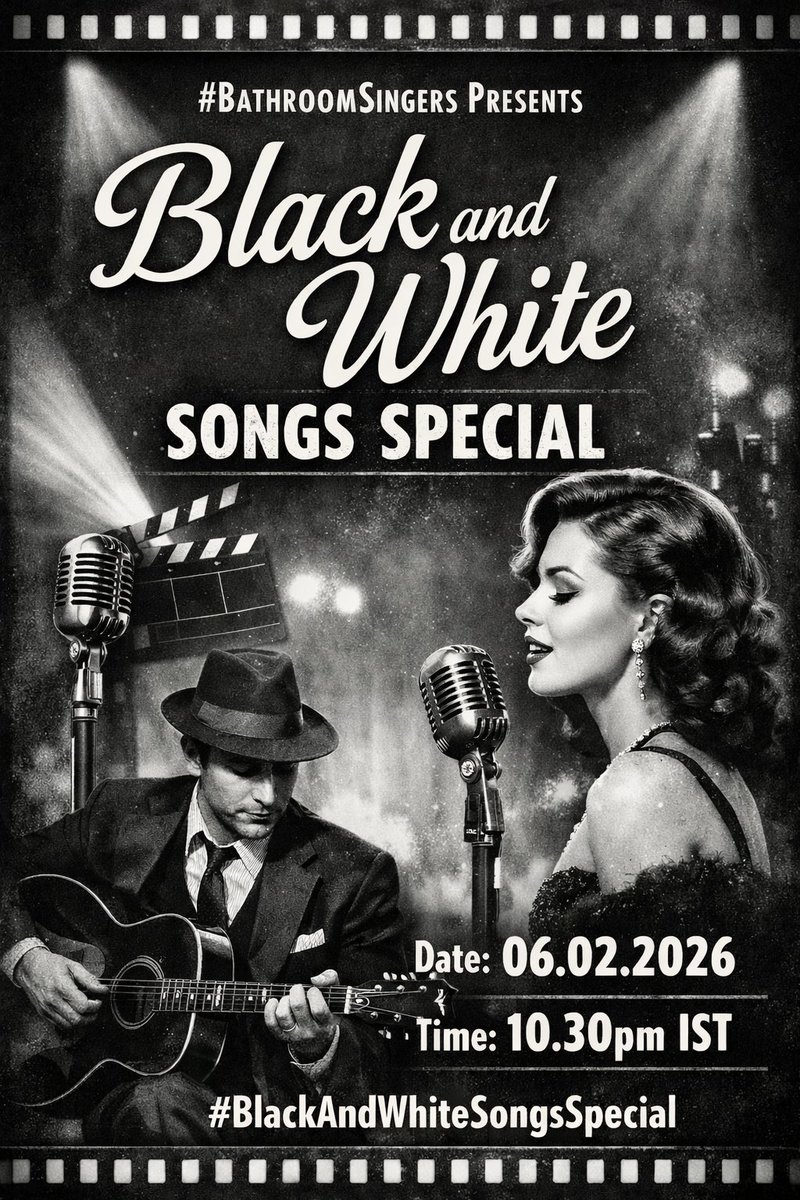 🖤🤍 #BathroomSingers Presents
🎶 Black and White Songs Special 🎶
A night of timeless classics, vintage vibes &amp; evergreen melodies ✨🎤

📅 Date: 06.02.2026
⏰ Time: 10.30 PM IST

Join us and relive the golden era of music! 🎼🌙
#BlackAndWhiteSongsSpecial #BathroomSingers