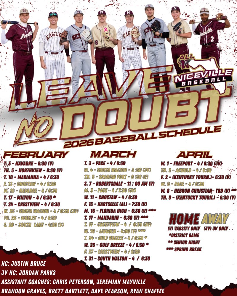 NHSEaglesBB's tweet photo. 2026 Niceville Baseball JV/Varsity Schedule Release! #LeaveNoDoubt | #AllN | #WYWB https://t.co/CllSvT0gw4