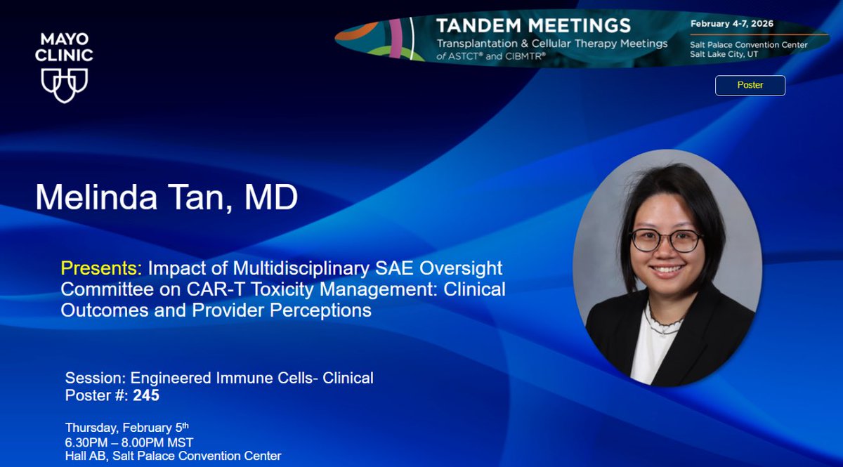 YiLinMDPhD's tweet image. How can we engage multidisciplinary experts quickly to assist with rare SAE after #CART?Dr. Melinda Tan presents @MayoCancerCare experience, improved outcome for IEC-HS @NiraliShahMD #Tandem2026. 🤝 @ASTCT
tandem.virtual-meeting.org/programme/pres… #QualityImprovement