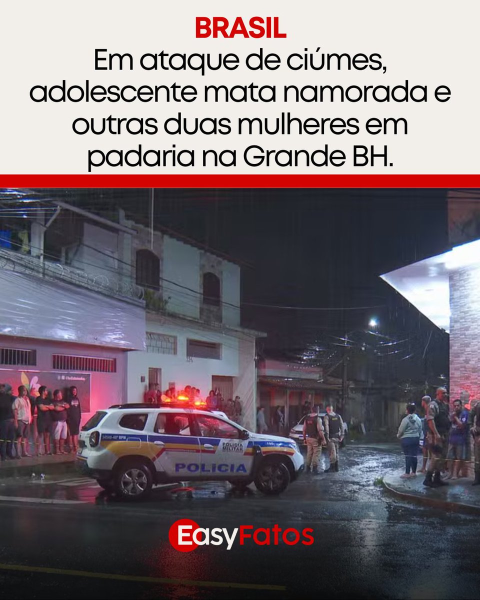 Adolescente de 17 anos é apreendido suspeito de matar três pessoas em uma padaria em Ribeirão das Neves (MG). As vítimas são sua namorada de 16 anos, uma colega dela de 14 e uma cliente de 56 anos. O crime teria ocorrido após uma discussão por ciúmes, onde as outras mulheres