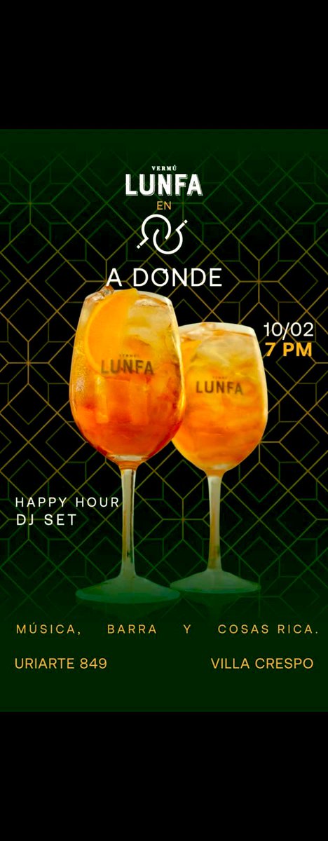Martes 10/02 · 19 hs
Lunfa en A Dónde

Una noche para brindar, con el mejor vermú, disfrutar y compartir la experiencia.
Te esperamos.

Uriarte 849 · Villa Crespo