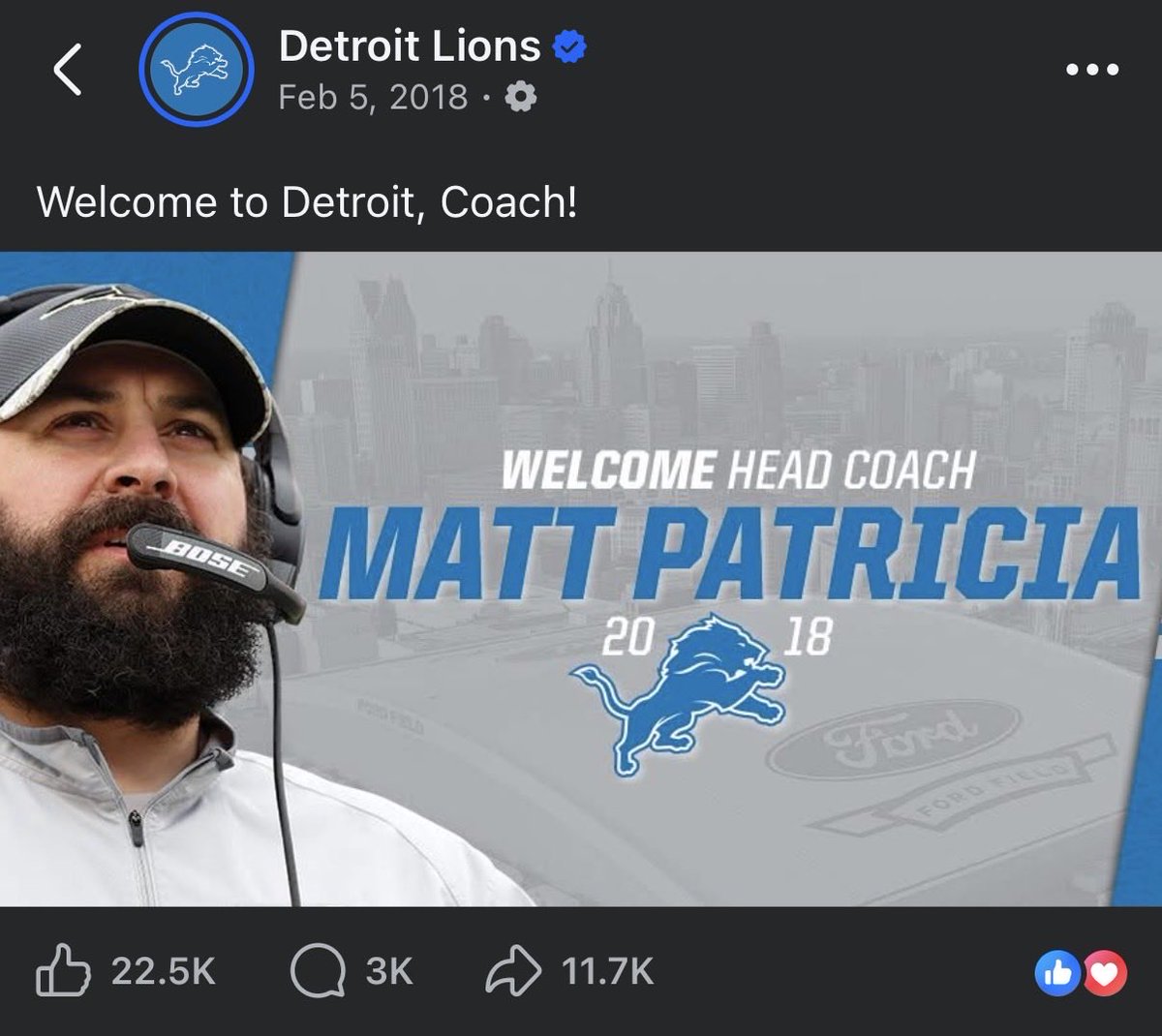 BearSlays's tweet photo. @DougAndGator971 Let’s all take a moment and appreciate this monumental day, 8 years ago today, the Detroit Lions introduced Matt Patricia as our new head coach 😂 https://t.co/iaADEump3p