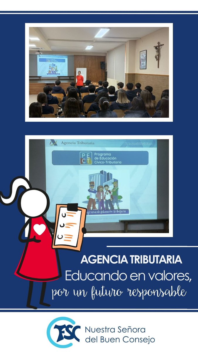 La Agencia Tributaria imparte una charla a nuestros alumnos de Bachillerato, acercándolos a valores como la responsabilidad fiscal, la progresividad impositiva y los valores constitucionales, contribuyendo al sistema en base a nuestra capacidad económica. 

#ColegiosFSC
<a href="/aeat/">Agencia Tributaria</a>