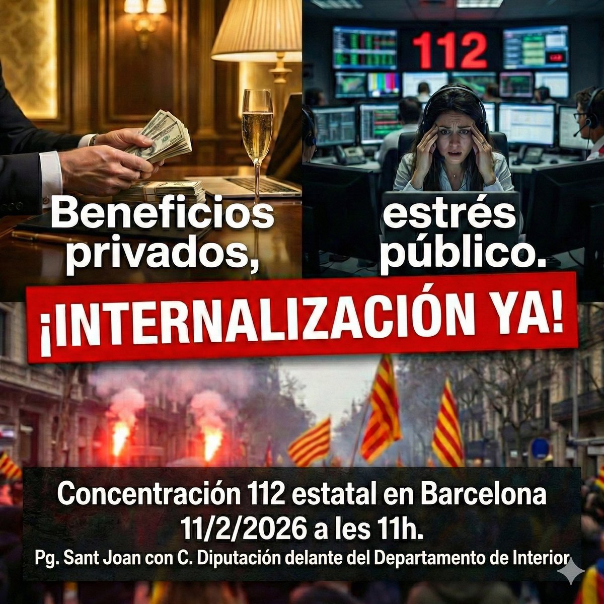 Beneficios privats, esteès públic

#112EnLluita✊

#112 #112Emergencies #Emergencies #Vaga112 #Vaga112Catalunya #112Catalunya #ServeiPublic112 #NoALaExternalitzacio #EnCatala #EnCatalà #Catalunya #Cataluña  #Catalonia #LHospitaletDeLlobregat #Barcelona #Reus #Lleida #Tarragona