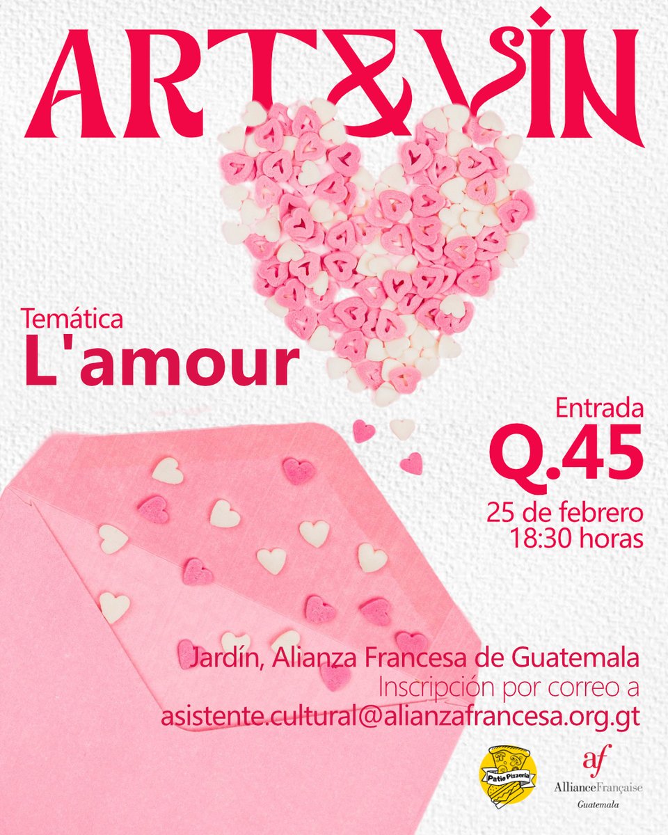 Art et Vin🍷🎨 Febrero nos trae de regreso nuestras noches de pintura, vino y buena compañía, para disfrutar una edición ideal para celebrar el amor, amistad y cariño 💘 🫟

❣️ Tema: L'amour
✅ Registro: asistente.cultural@alianzafrancesa.org.gt
🎫 Q45
📆 25 feb | 18:30 horas
