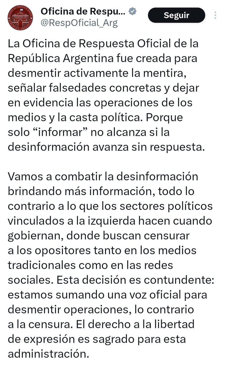 No es una oficina de respuesta oficial de la "republica argentina" es una oficina del GOBIERNO, típica de los gobiernos autocráticos cuyo objetivo es desinformar, perseguir y disciplinar. Mucho nombre para una vulgar práctica fascista.