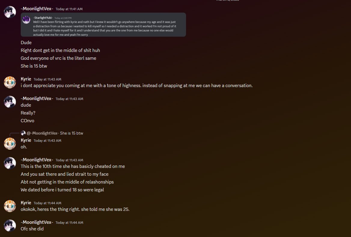TheBoople's tweet photo. This is a strong warning to other people who may or may not know @StarlightYuki_1 she is infact a minor, who enjoys age baiting people
The screenshots provided shows proof and evidence, more will be provided when we get more testimonies and screenshots to prove this even further, there is a lot to go on about here, so here are a few examples:
she claims to be above the age of 18 years old, yet there is VERY strong factors to prove she is not of age, including screenshot proof, which was taken about a year ago, and was already exposed, but unfortunately people have forgotten about it or choose not to care, ontop of verbal testimonies from well over a dozen people
she lies about her age, she had gotten a commission, and claimed her age was 28, claimed to other people she was 26, claimed to her victims of age baiting she was 20, and claimed to other people she was 18, she has a strong habit of trying to manipulate people into feeling bad for her.
please inform other people and repost as much as possible to prevent her from victimizing other people and putting other people in danger
here are some links:
her vrchat: https://t.co/WZKTOec0Jk
her vrchat user id: usr_cfcce4c7-d853-4d1c-850d-c37bac664ef1
her twitter: https://t.co/EkahSg1WHy
and her discord user id: 878068346015334520
more will be provided in the comments when they are available, please, stay safe, and stay informed.