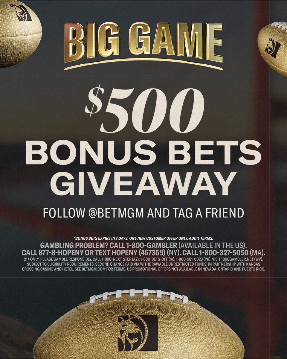 GIVEAWAY 🚨 We are celebrating Big Game week by giving 5 lucky winners $500 in bonus bets 

Here's how to enter:
1) Follow <a href="/BetMGM/">BetMGM 🦁</a>
2) Tag a friend in the comments 

Deadline to enter is Sunday, 2/8 at 11:59pm ET. Winners will selected at random and contacted on Friday 2/13. Good