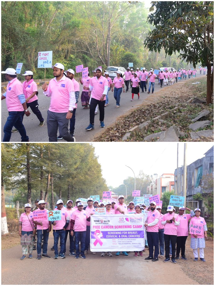 NALCO_India's tweet photo. On #WorldCancerDay, as part of #NALCO’s Annual Health Calendar, awareness programmes including Walk/Jog/Run, an #AwarenessSession and an #AwarenessRally titled “Pinkathon” were organized at M&R Complex, #Koraput, #Odisha - promoting health, early detection and collective action against cancer. @kishanreddybjp @satishdubeyy @MinesMinIndia @mygovindia @DPE_GoI @MoHFW_INDIA @HFWOdisha #CancerAwareness #Pinkathon #HealthForAll #WellnessATWork