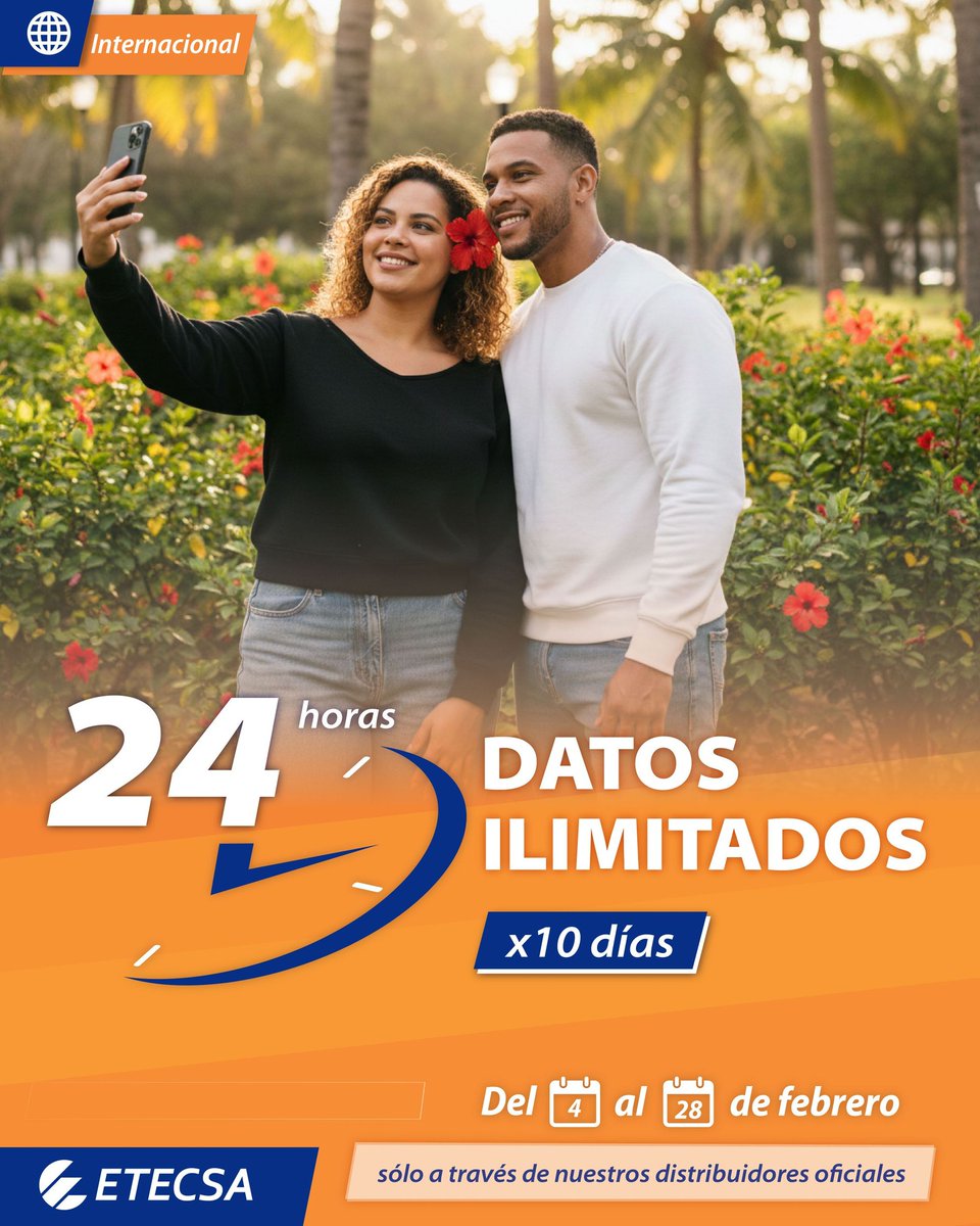 Del 4 al 28 de febrero, si recibes una #RecargaInternacional a través de nuestros distribuidores oficiales, entre 500CUP y 1250CUP, disfrutarás de Datos Ilimitados por 24 horas, válidos por 10 días.
Toda la info en etecsa.cu