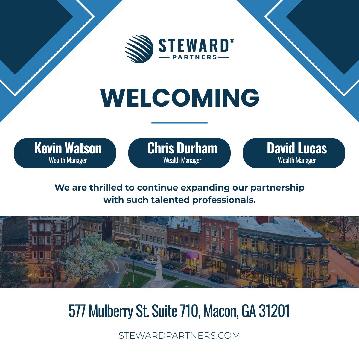 StewardPartners's tweet photo. Excited to welcome Kevin Watson, Chris Durham, David Lucas, and the team to Steward Partners in Macon, GA. 
Here’s to new opportunities together. 
Read the announcement: https://t.co/blIEhlkkEb 
#UnstoppableSteward #WeAreGrowing #NewLocation https://t.co/h5m3OgaWuG