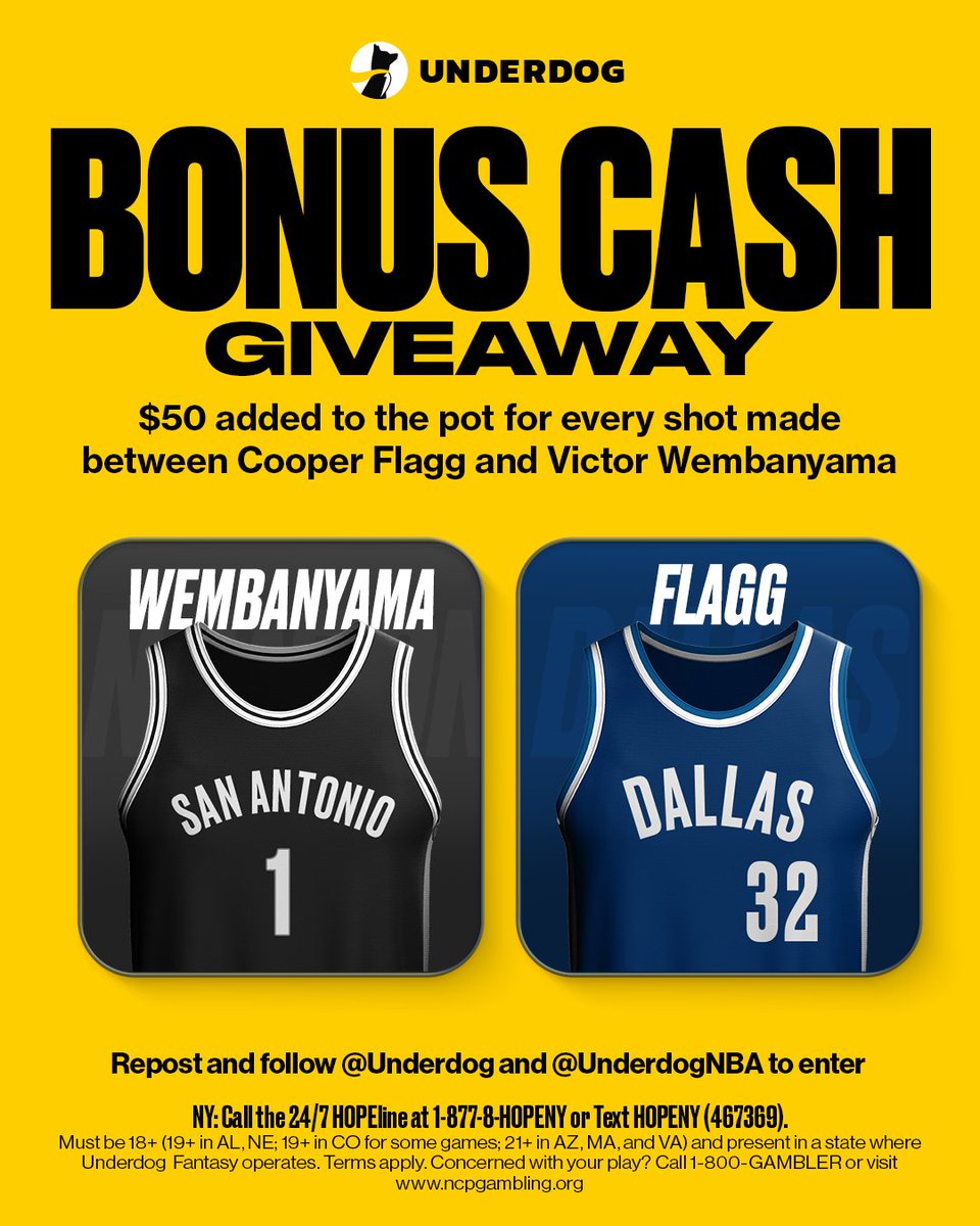 Underdog's tweet image. 🚨 BONUS CASH GIVEAWAY 🚨

We're adding $50 to the pot for every shot made between Cooper Flagg and Victor Wembanyama tonight 💰

To enter...
1⃣ Repost this
2⃣ Follow us @Underdog
3⃣ Follow @UnderdogNBA