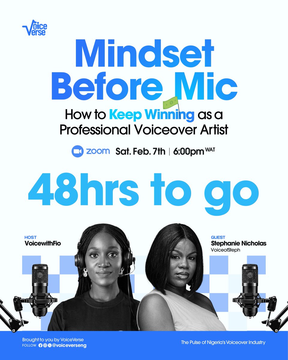VoiceVerseNG's tweet photo. 48hours to go Voiceversers! 🥳

The date is now at arms length 🤭

🗓️ [Saturday, 7 Feb. 2026]
⌚ 6pm GMT
📍 Zoom: https://t.co/a4TtdVZc4V

You don't want to miss this Webinar.

Leggo! 🔥 
#Voiceverse #voiceovercommunity #voiceactors #ᴍɪɴᴅsᴇᴛᴍᴀᴛᴛᴇʀs https://t.co/z1b68ahu7E