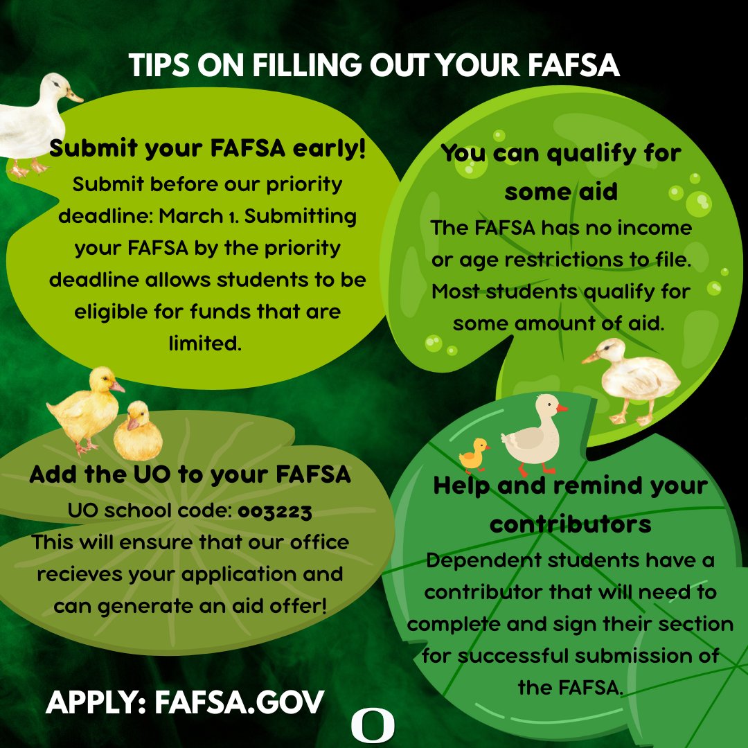UOregonFinAid's tweet image. 💰🖥️¿El mayor error que puedes cometer al solicitar la admisión a la universidad? No completar la solicitud FAFSA.Enviar tu solicitud FAFSA es el primer paso para ser considerado para recibir ayuda financiera en la UO. Comienza hoy: fafsa.gov. #uoregon #OSFAS #FAFSA