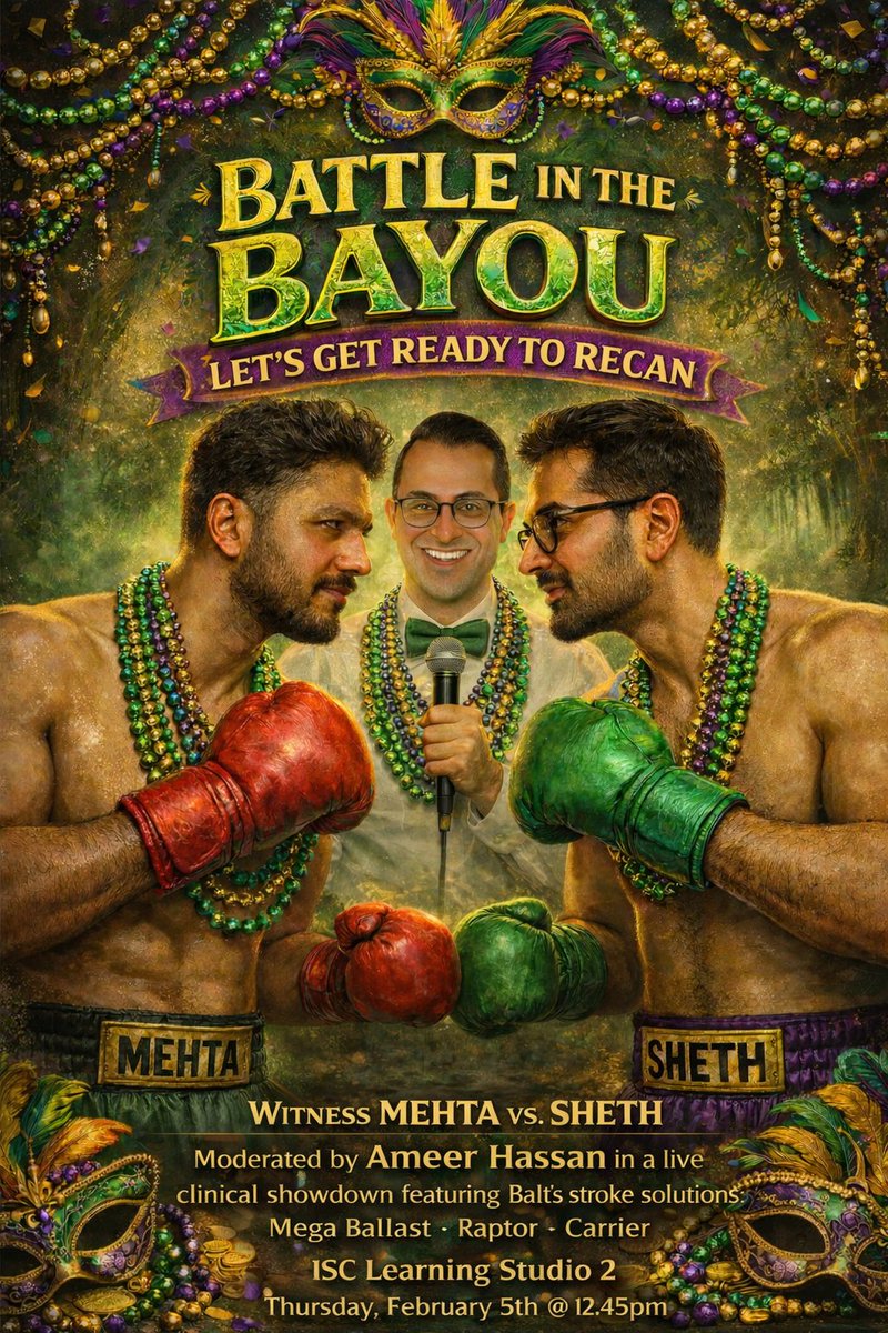 Balt_USA_Neuro's tweet image. Don't miss this epic Balt Battle of 2026! Thursday, February 5th Learning Studio II @ 12:45pm. Watch Dr. Hassan moderate this live clinical showdown between Dr. Sheth and Dr. Mehta. 
#MegaBallast #BaltBattle #Recan #Stroke #RestoreTheFlow