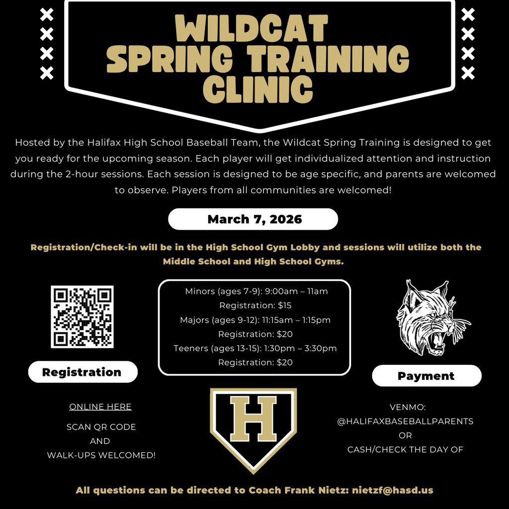 The High School baseball program Wildcat Spring Training Clinic will be Saturday March 7th with sessions for all ages! Registration is open to all communties: docs.google.com/forms/d/e/1FAI…