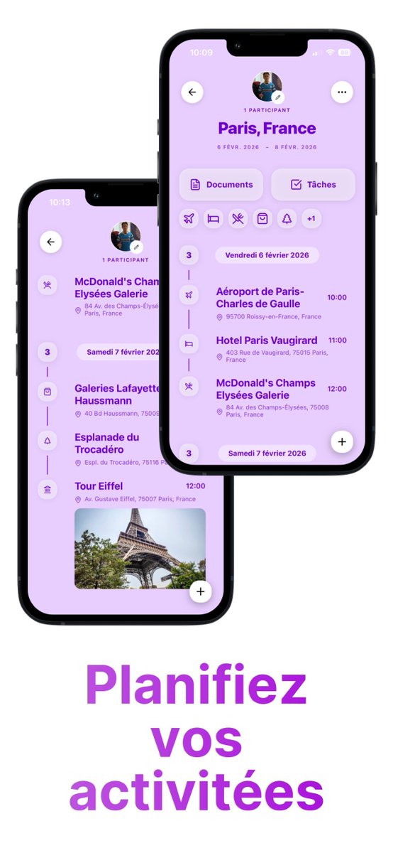 Odyssa_app's tweet photo. Planifiez vos activités en un clin d'œil ! ✈️🗓️

Voici un aperçu de la vue itinéraire pour ne rien rater de votre séjour, de l'arrivée à Charles de Gaulle jusqu'à la Tour Eiffel. Tout est centralisé pour voyager l'esprit léger. 💜 https://t.co/BOifgpo1Yn