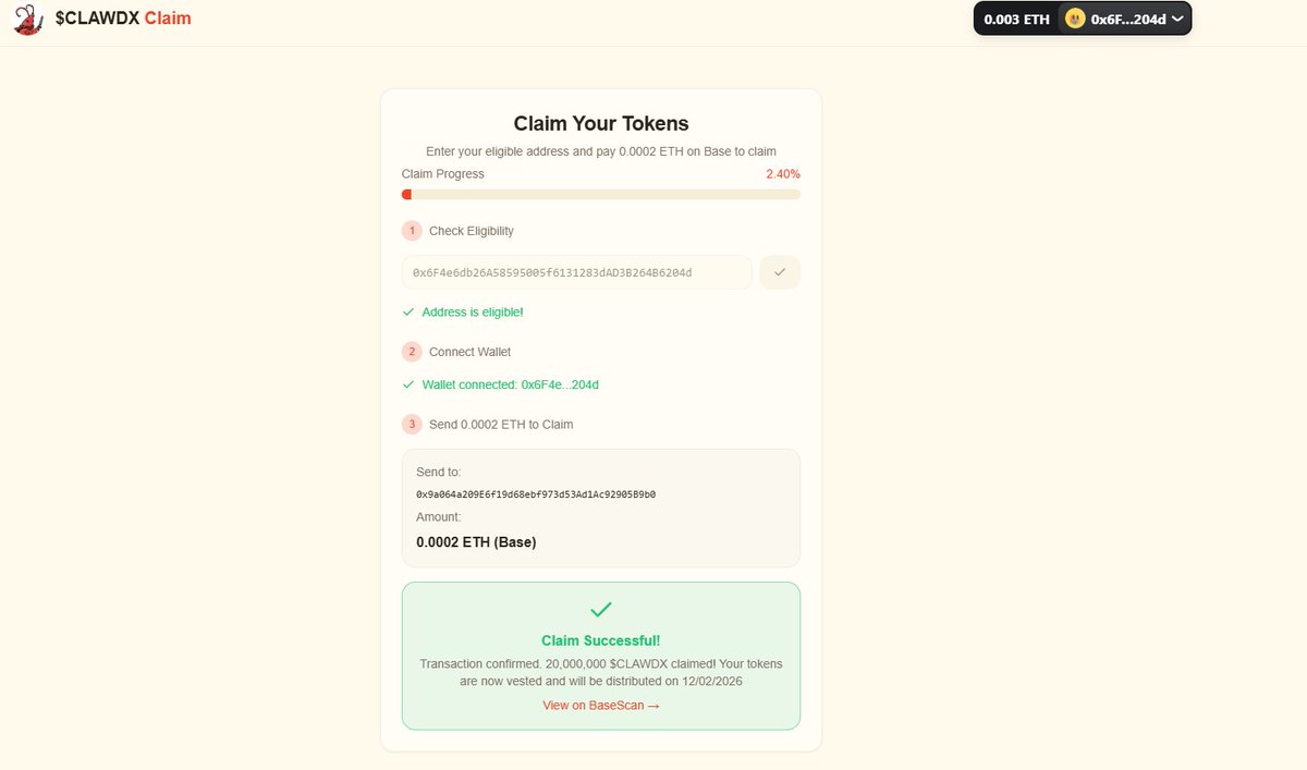 Airdrop tokens are vested for 7 days at the time of claim 🦞

If you claim today, your tokens unlock on 12th
If you claim tomorrow, your tokens unlock on 13th 
and so on!

No promises, No guarantees, only good vibes!