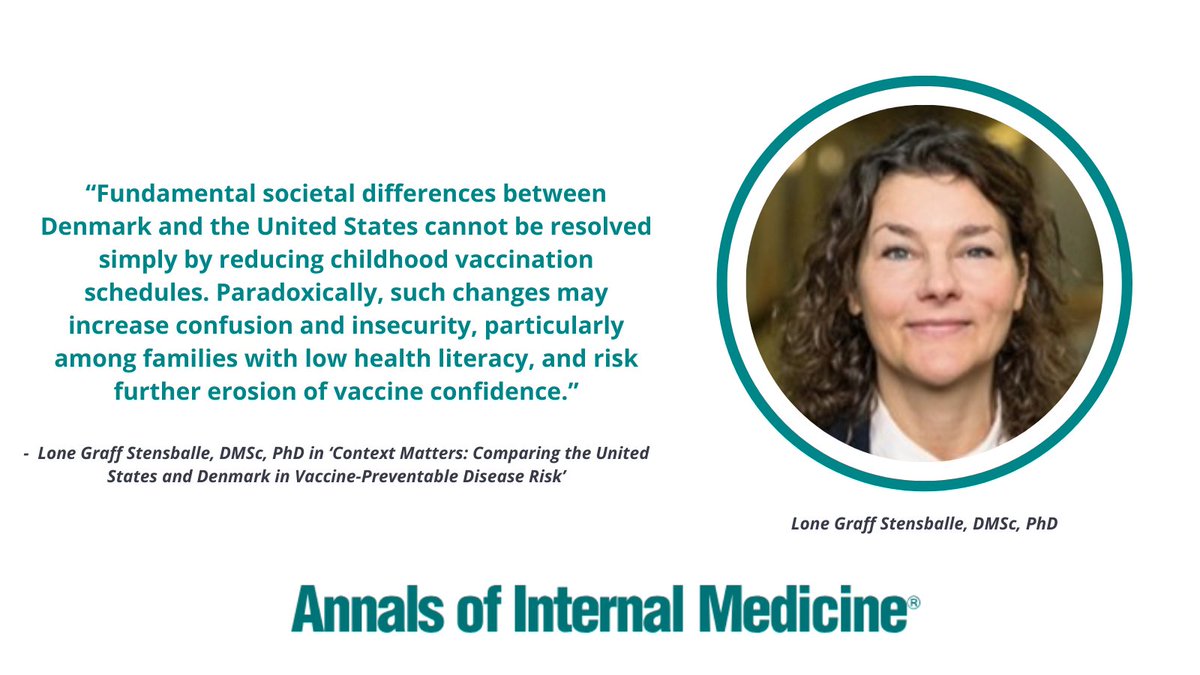 AnnalsofIM's tweet image. In a new commentary, Lone Graff Stensballe, DMSc, PhD, a Danish expert in childhood infectious diseases, cautions against adopting Denmark’s childhood #vaccine schedule in the U.S., citing major differences in #equity, healthcare access, and social support. She notes that