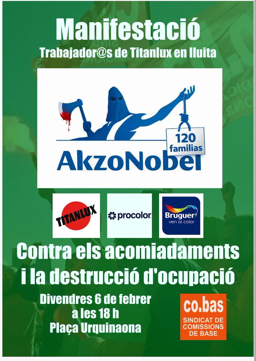 #AGENDA_LOCAL | La plantilla d’#AkzoNobel fa una crida a la solidaritat i convoca una MANIFESTACIÓ aquest divendres 6 a #Barcelona.

Co.Bas denuncia que la finalitat darrera l’anunci d’ERO a la planta pratenca és deslocalitzar una part de la producció.

▶ alaguait.cat/6-feb-la-plant…
